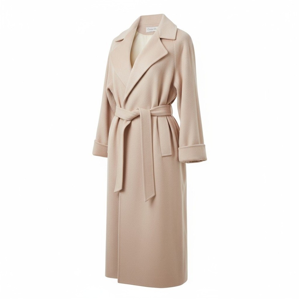 Christian Dior Beige Long Wool Blend Trench Coat Belted Lapel Collar Women - Picture 2 of 16